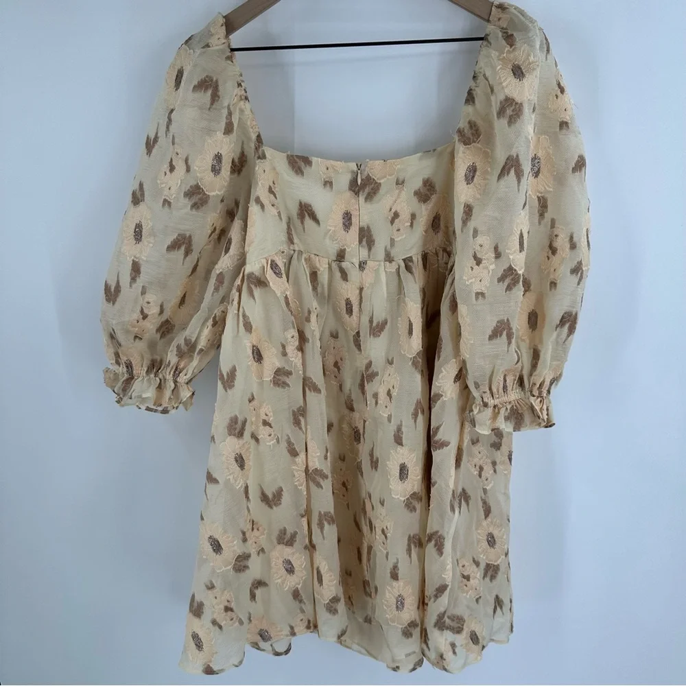 Storia Golden Floral Babydoll‎ Puff Sleeve Mini Dress Large Romantic Cottage NEW - Picture 9 of 16